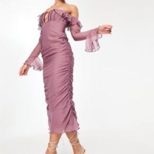 ASOS Off-Shoulder Ruched Mauve Dress